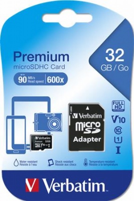 Memóriakártya, microSDHC, 32GB, CL10/U1, 90/10 MB/s, adapter, VERBATIM "Premium"